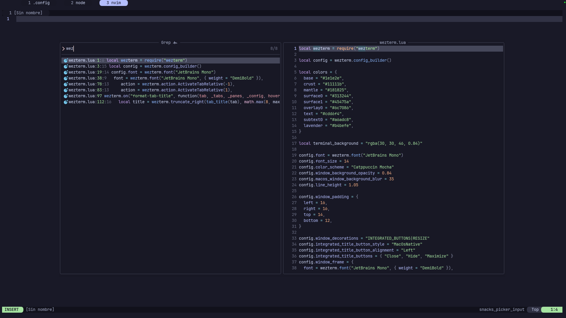 Neovim showing the Snacks picker and WezTerm configuration